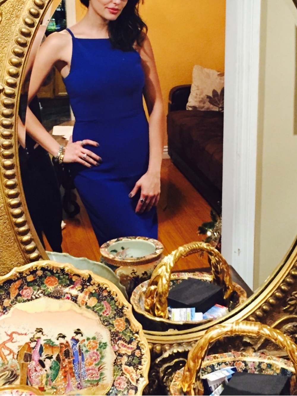 Royal blue form fitting dress with golden zipper - Picture 2 of 9